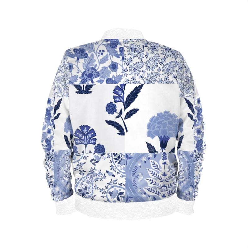 Blue Mirage Floral Women’s Bomber Jacket - Satin, Waterproof, Jersey, or Marble Velvet options - sizes XXS to 4XL - stylish blue floral bomber jacket for women - Cendira