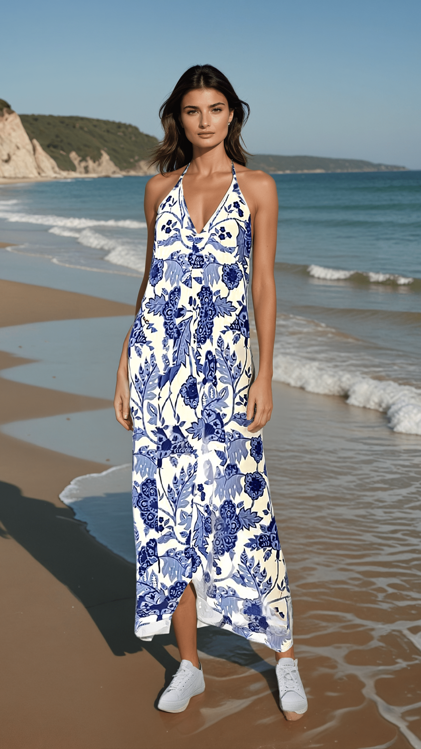 Cobalt Garden Pure Silk Halterneck Backless Dress - 100% Silk Satin and Silk Sensation Polyester - sizes XXS to 2XL - elegant backless dress with train option - Cendira