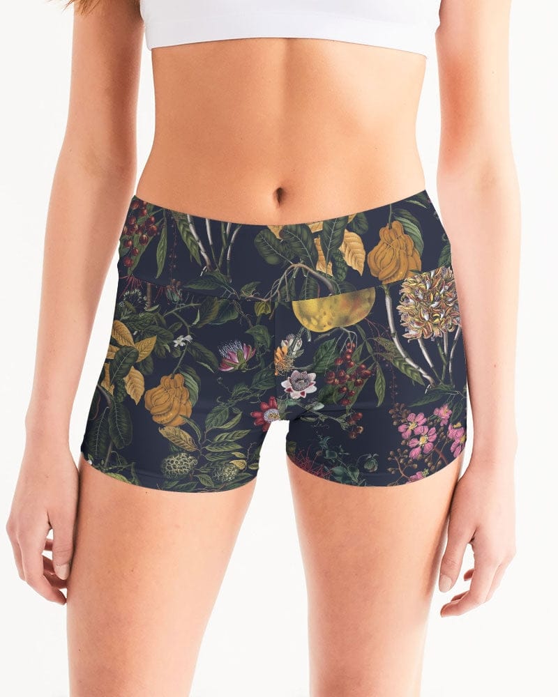 Activewear white base color / XS Exotica Flowers Women's All-Over Print Mid-Rise Yoga Shorts
