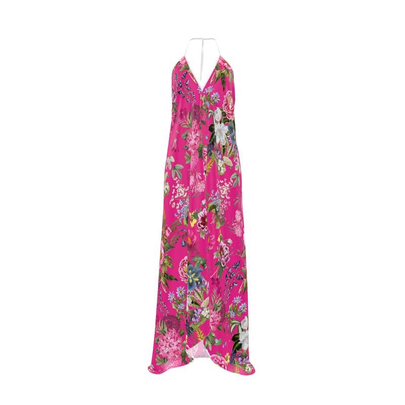 Halterneck backless dress Paradise Pink Garden Pure Silk Halterneck Backless Dress