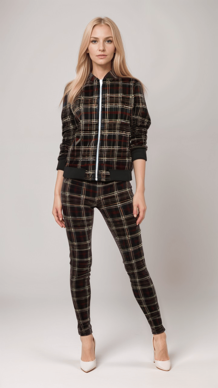 Ladies Bomber Jacket Highland Nights Plaid Marble Velvet Women’s Bomber Jacket