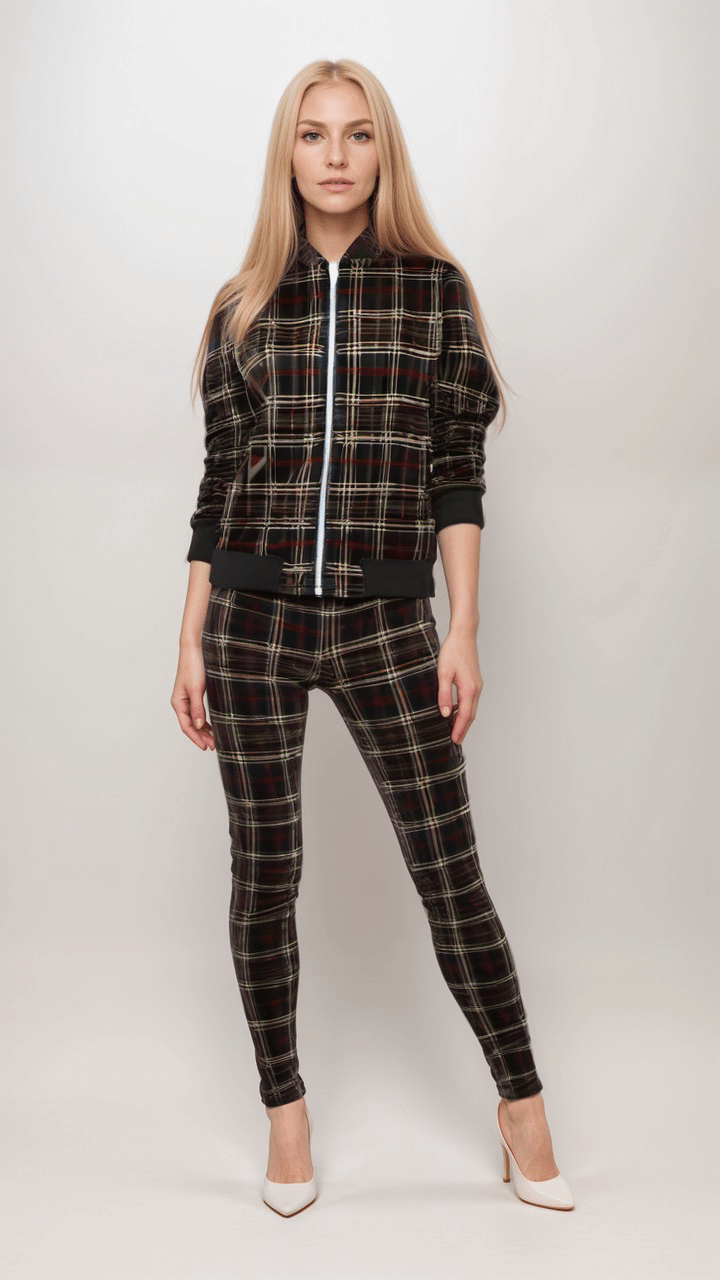 Ladies Bomber Jacket Highland Nights Plaid Marble Velvet Women’s Bomber Jacket