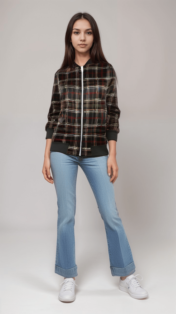 Ladies Bomber Jacket Highland Nights Plaid Marble Velvet Women’s Bomber Jacket