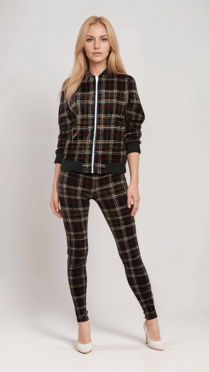 Ladies Bomber Jacket Highland Nights Plaid Marble Velvet Women’s Bomber Jacket