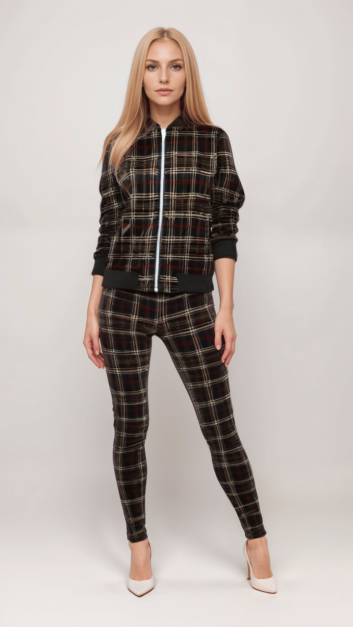 Ladies Bomber Jacket Highland Nights Plaid Marble Velvet Women’s Bomber Jacket