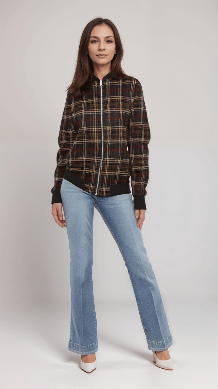 Ladies Bomber Jacket Highland Nights Plaid Marble Velvet Women’s Bomber Jacket