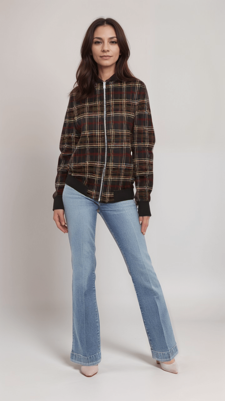 Ladies Bomber Jacket Highland Nights Plaid Marble Velvet Women’s Bomber Jacket