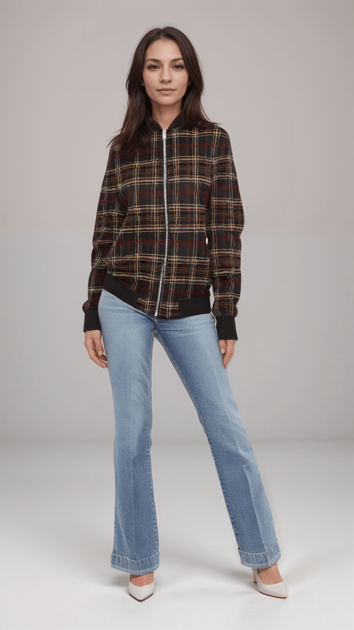 Ladies Bomber Jacket Highland Nights Plaid Marble Velvet Women’s Bomber Jacket