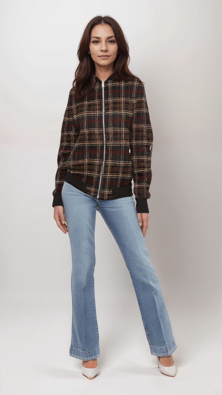 Ladies Bomber Jacket Highland Nights Plaid Marble Velvet Women’s Bomber Jacket