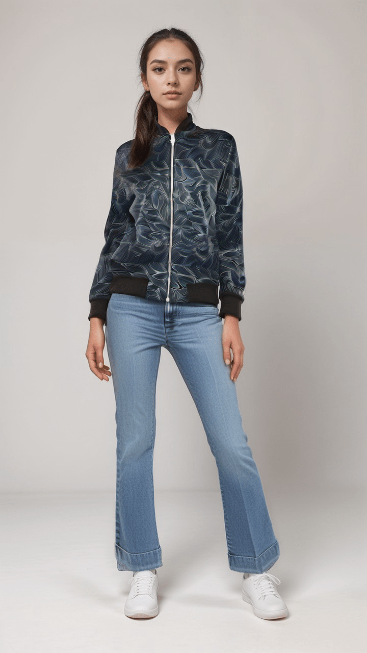 Ladies Bomber Jacket Luxe Noir Waves Marble Velvet Women's Bomber Jacket