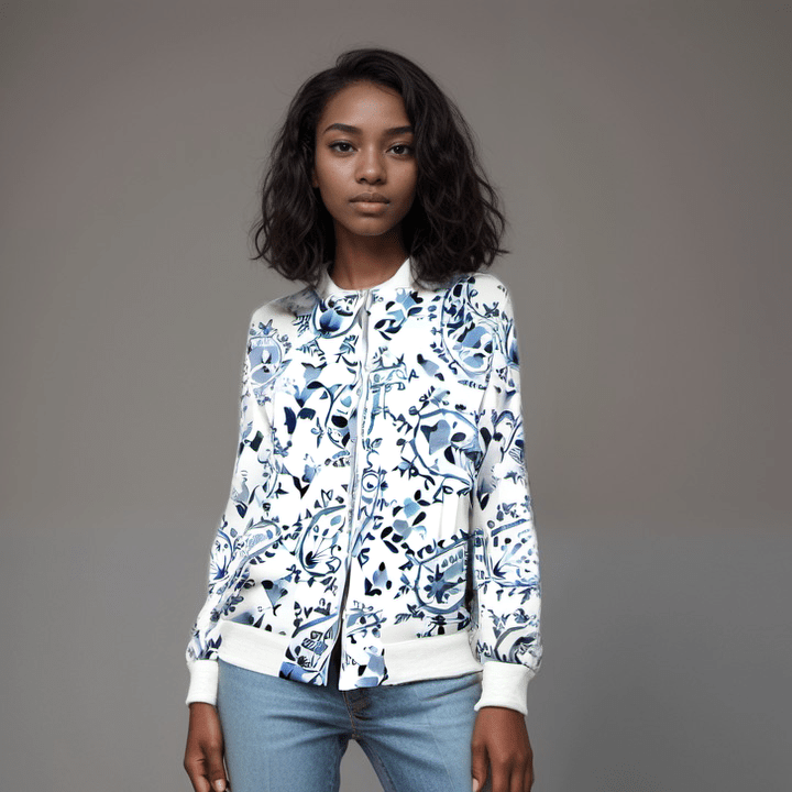 Ladies Bomber Jacket Nantucket Blue Paisley Women's Bomber Jacket