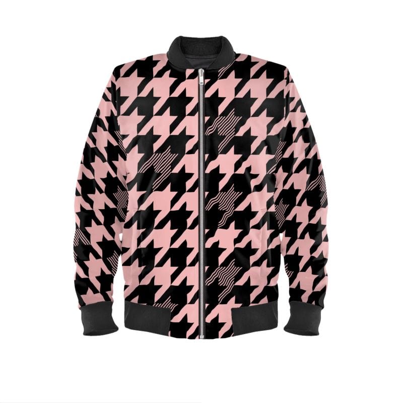 Ladies Bomber Jacket Pink Noir Houndstooth Women's Bomber Jacket