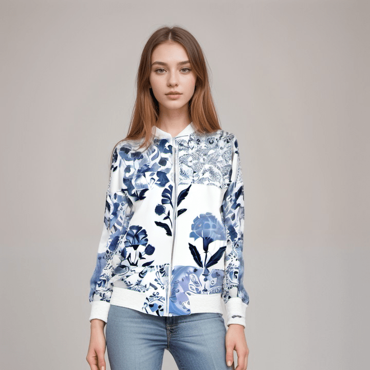 Blue Mirage Floral Women’s Bomber Jacket - Satin, Waterproof, Jersey, or Marble Velvet options - sizes XXS to 4XL - stylish blue floral bomber jacket for women - Cendira