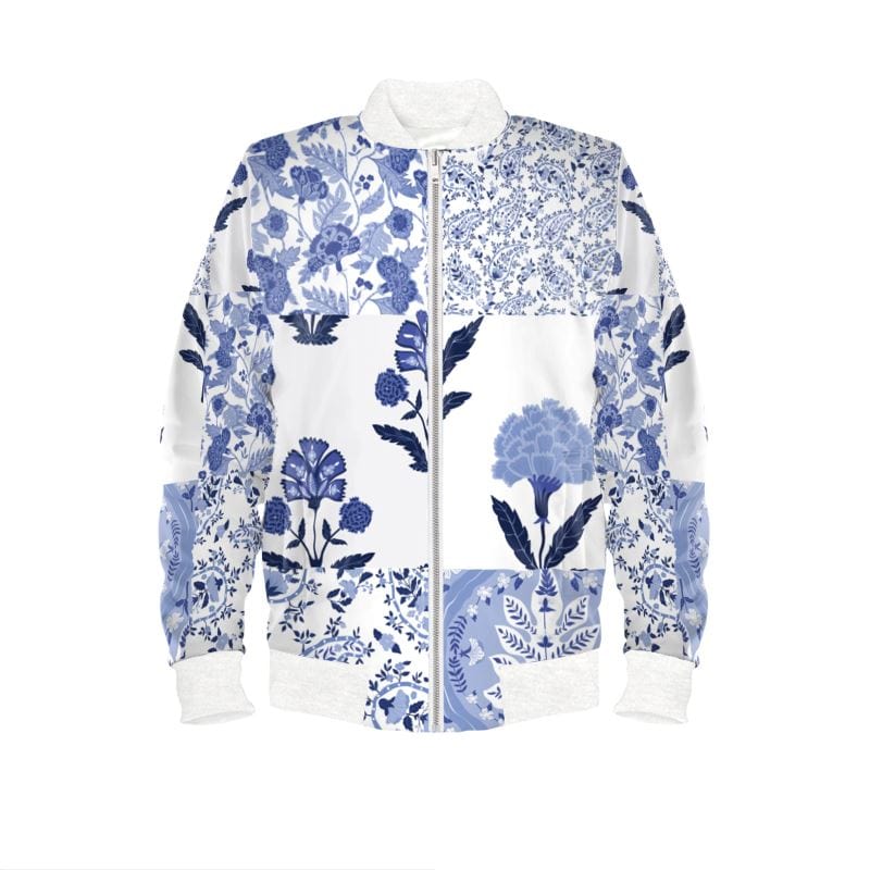 Blue Mirage Floral Women’s Bomber Jacket - Satin, Waterproof, Jersey, or Marble Velvet options - sizes XXS to 4XL - stylish blue floral bomber jacket for women - Cendira