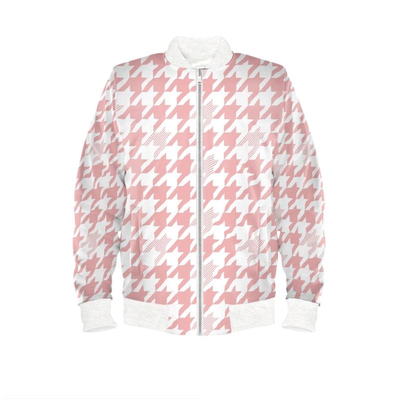 Blush Houndstooth Women’s Bomber Jacket - Satin, Waterproof, Jersey, or Marble Velvet options - sizes XXS to 4XL - elegant blush houndstooth bomber jacket for women - Cendira