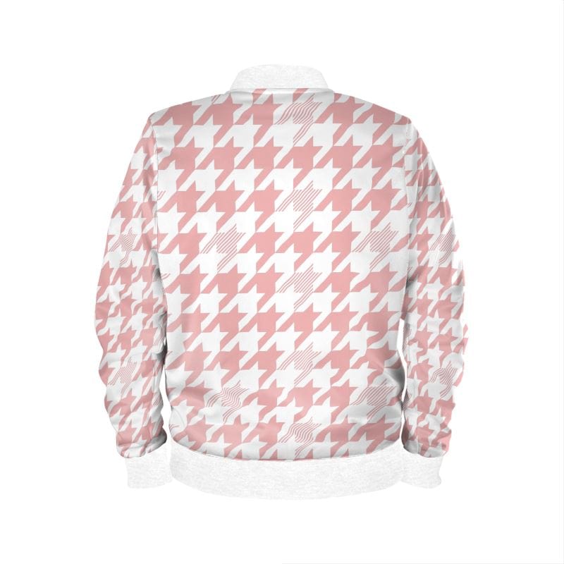 Blush Houndstooth Women’s Bomber Jacket - Satin, Waterproof, Jersey, or Marble Velvet options - sizes XXS to 4XL - elegant blush houndstooth bomber jacket for women - Cendira