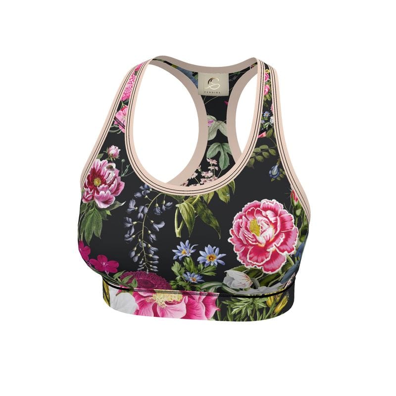 Botanical Noir Sports Bra - Sizes XXS to 7XL - Elegant Design for Activewear - Cendira