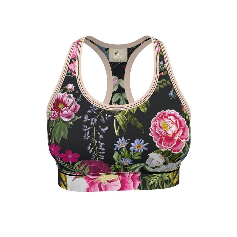 Botanical Noir Sports Bra - Sizes XXS to 7XL - Elegant Design for Activewear - Cendira
