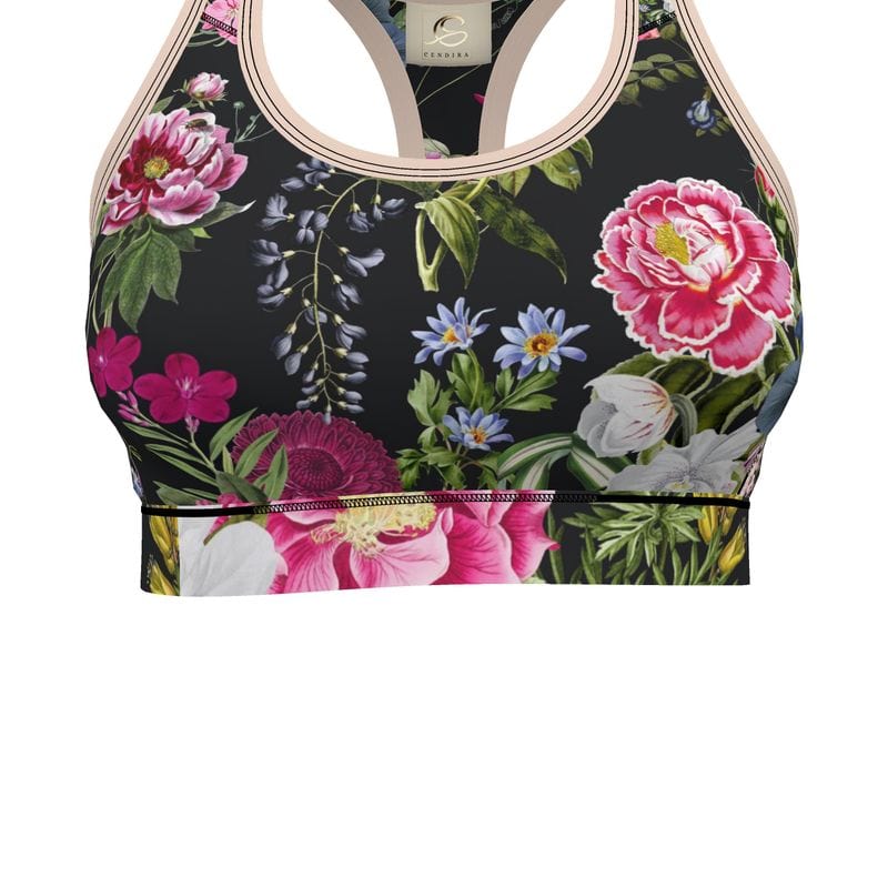 Botanical Noir Sports Bra - Sizes XXS to 7XL - Elegant Design for Activewear - Cendira