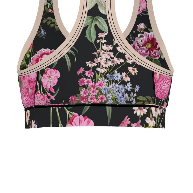 Botanical Noir Sports Bra - Sizes XXS to 7XL - Elegant Design for Activewear - Cendira