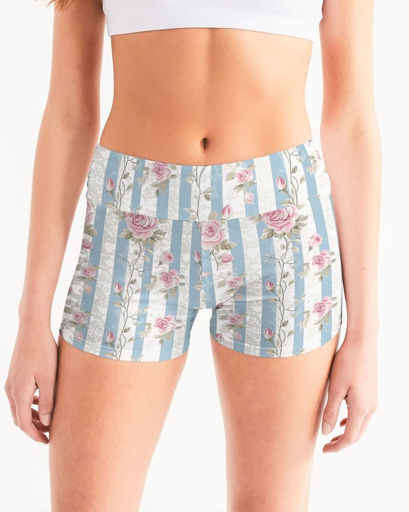 Activewear white base color / XS French Roses Women's All-Over Print Mid-Rise Yoga Shorts