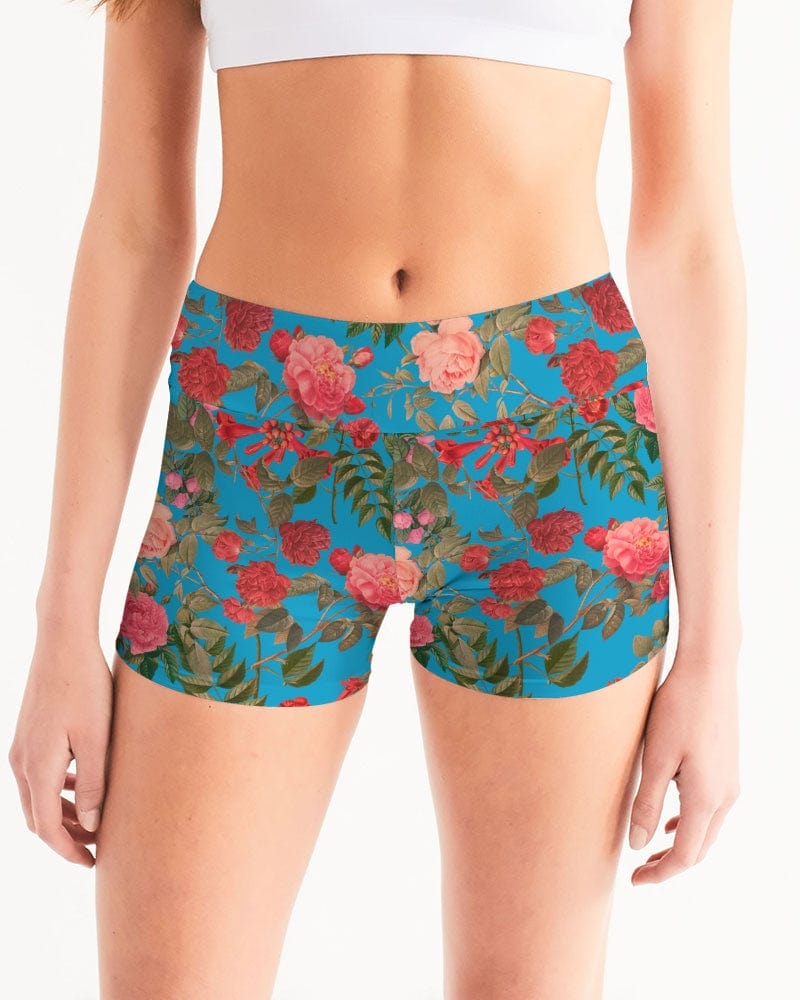 Activewear white base color / XS Fun Blue Roses Women's All-Over Print Mid-Rise Yoga Shorts
