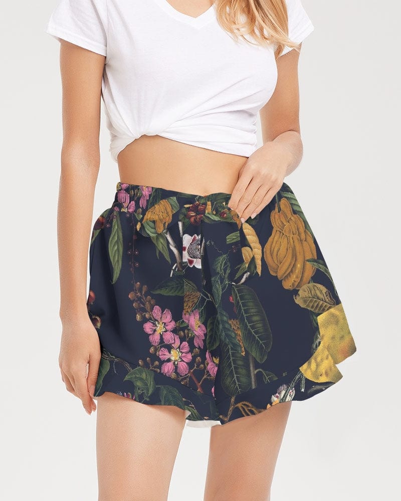 All-Over Print Pants & Shorts white base color / XS Exotica Flowers Women's All-Over Print Ruffle Shorts