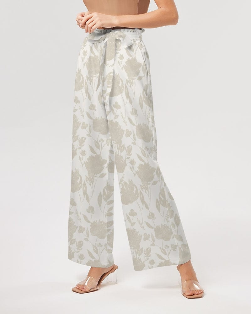 All-Over Print Pants & Shorts white base color / XS French Rose HIgh Waisted Belted Women's Trousers Women's All-Over Print High-Rise Wide Leg Pants