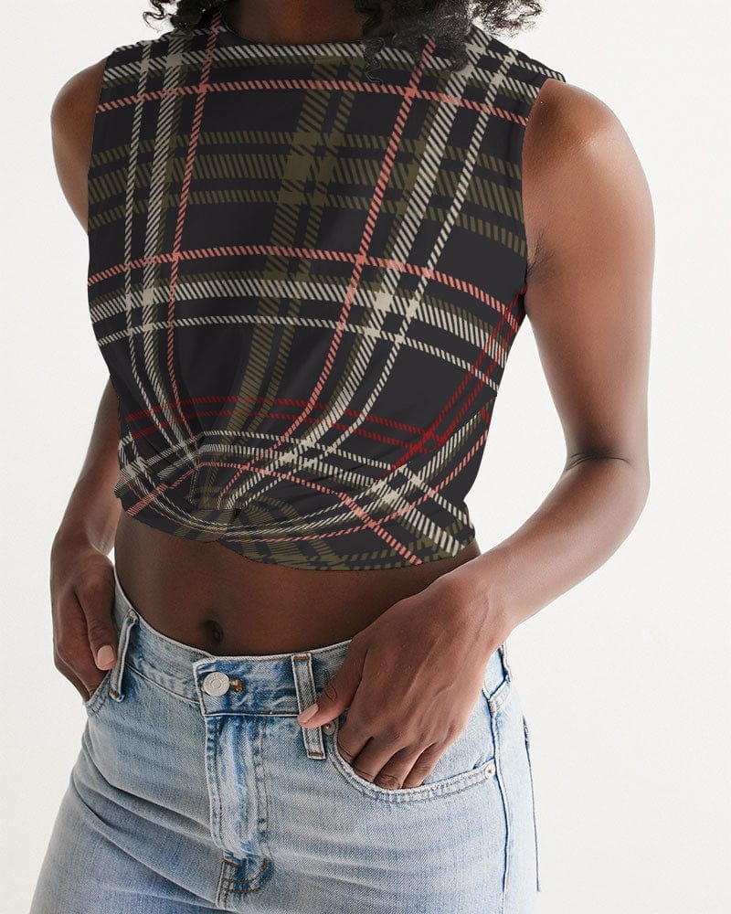 All-Over Print Tees & Tops white base color / XS dark brown plaid Women's  All-Over Print Twist-Front Tank