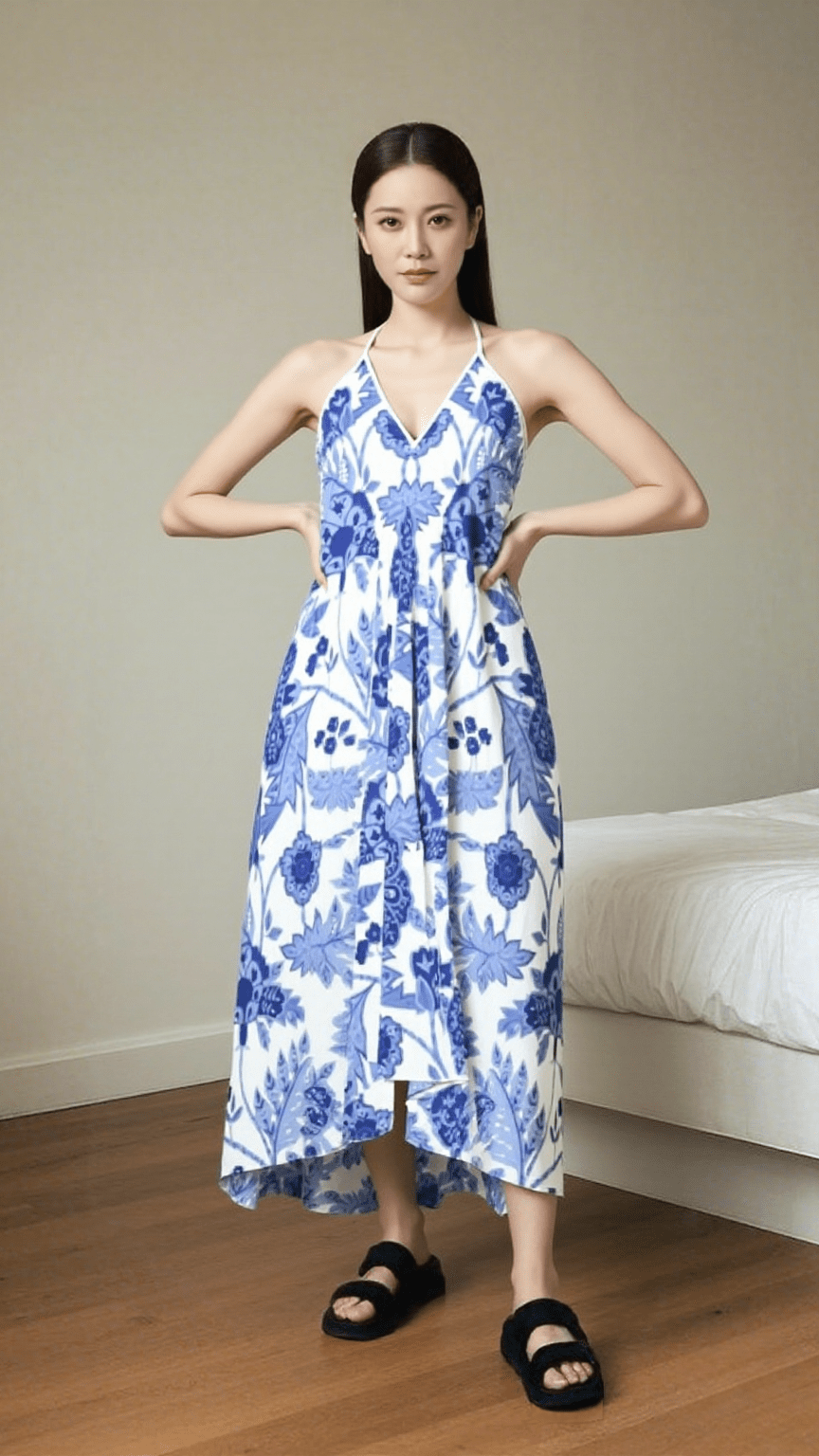 Halterneck backless dress Cobalt Garden Pure Silk Halterneck Backless Dress