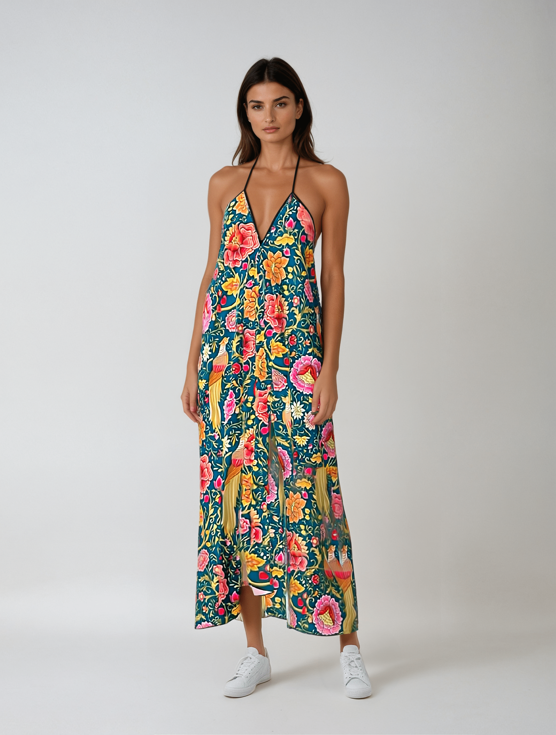 Halterneck backless dress Eastern Garden Pure Silk Slip Dress