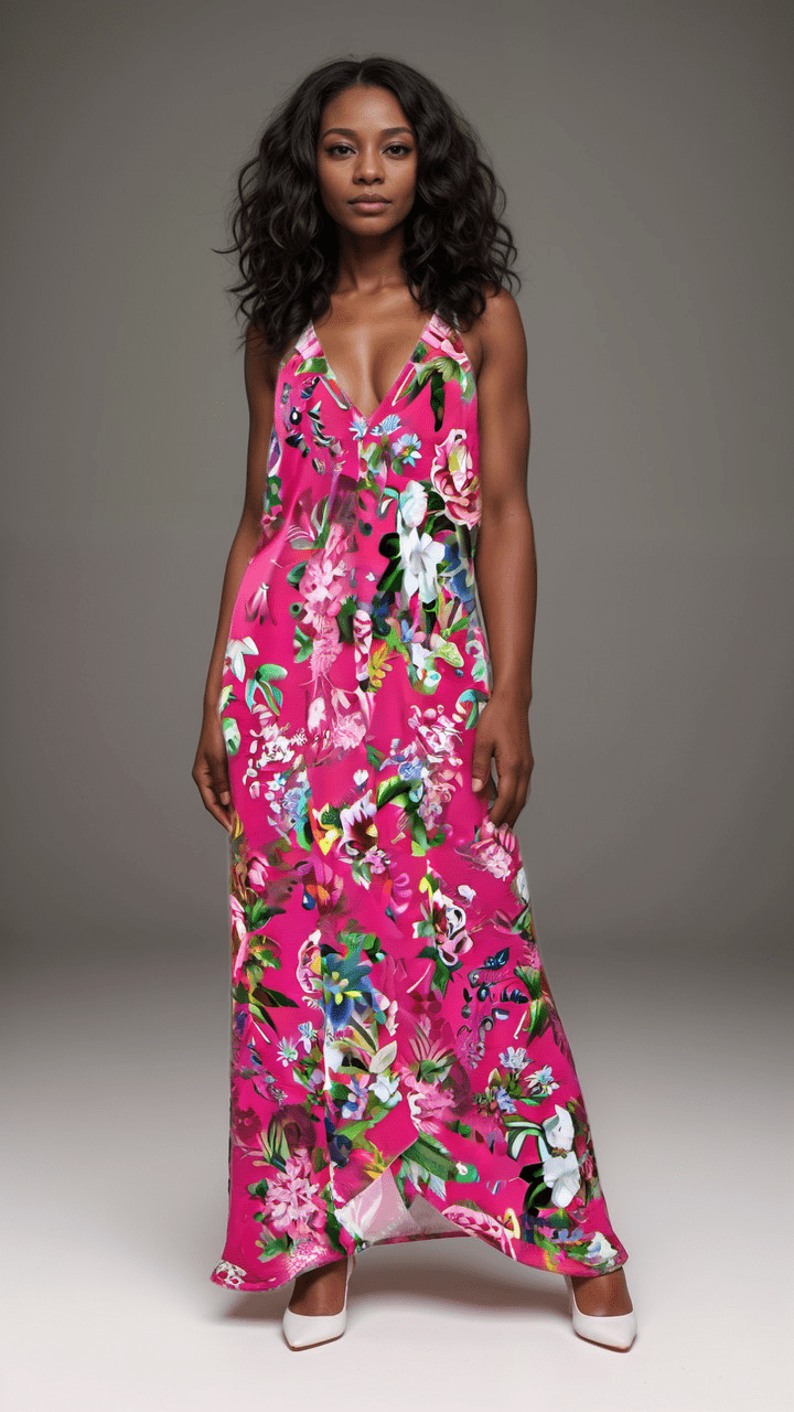 Halterneck backless dress Paradise Pink Garden Pure Silk Halterneck Backless Dress
