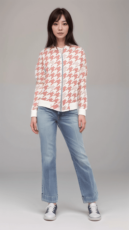 Blush Houndstooth Velvet Luxe Womens Bomber Jacket
