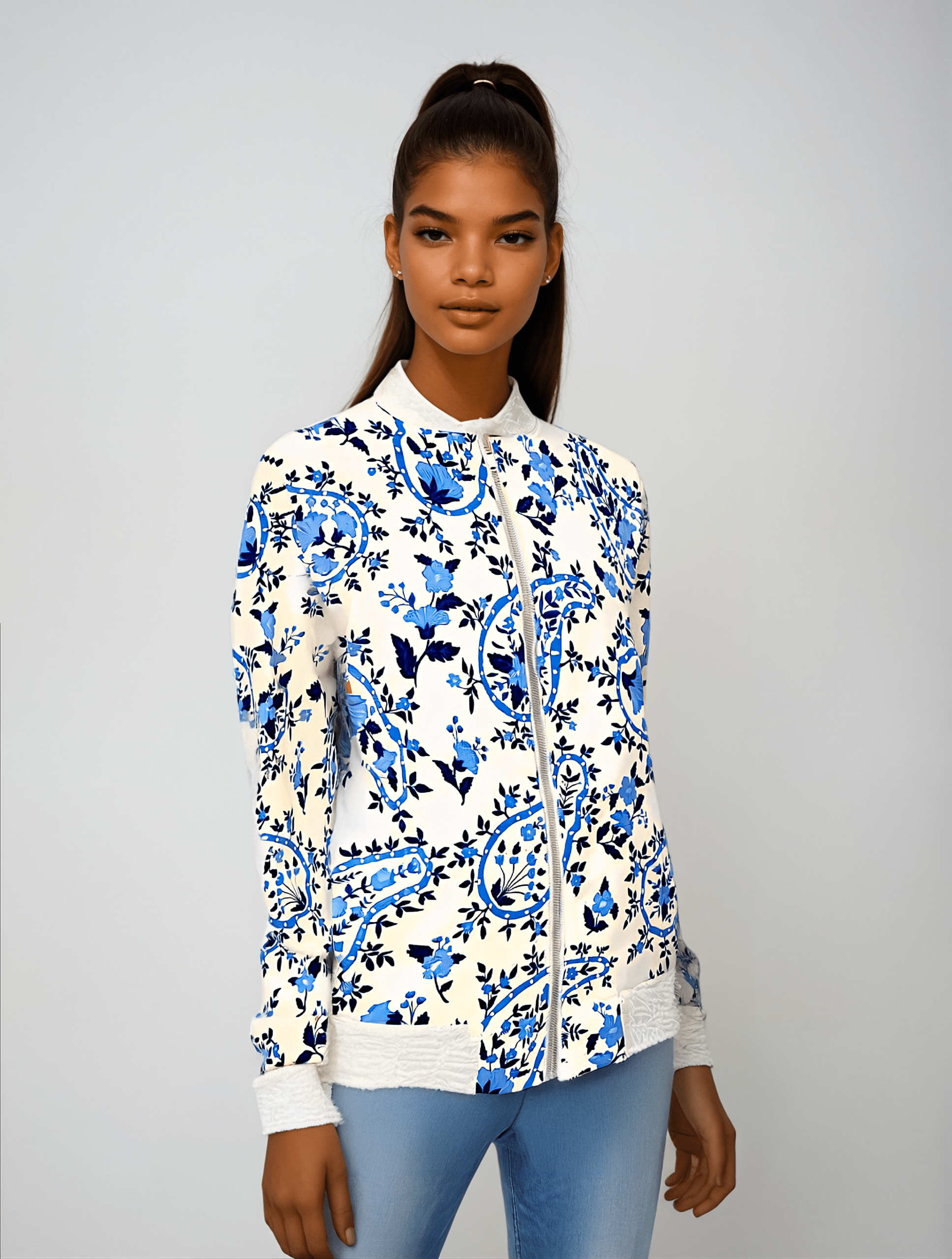 Ladies Bomber Jacket Nantucket Blue Paisley Women's Bomber Jacket