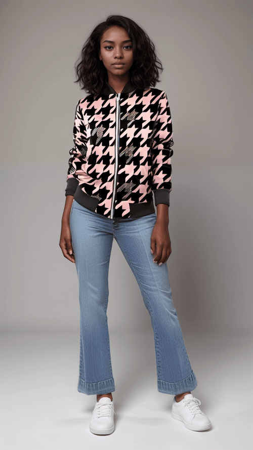 Pink Noir Houndstooth Marble Velvet Women's Bomber Jacket
