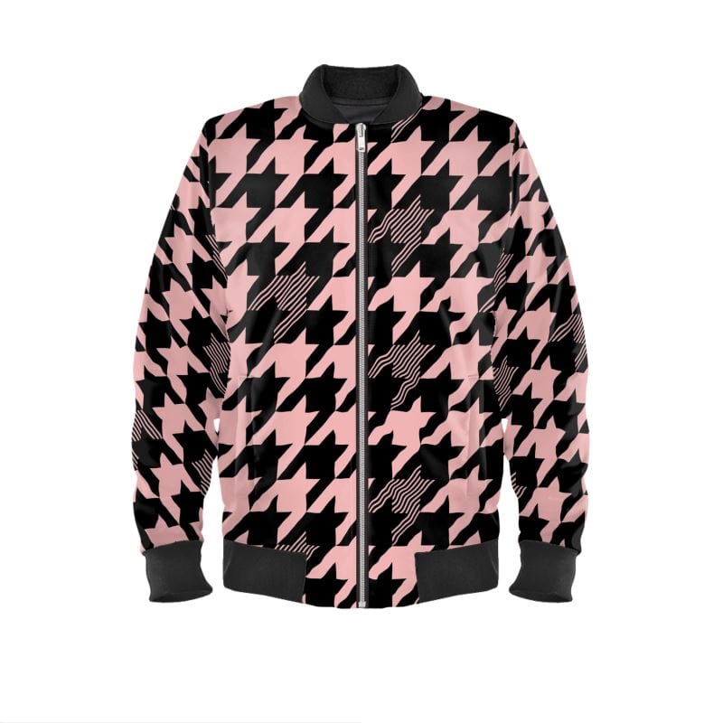 Ladies Bomber Jacket Pink Noir Houndstooth Women's Bomber Jacket