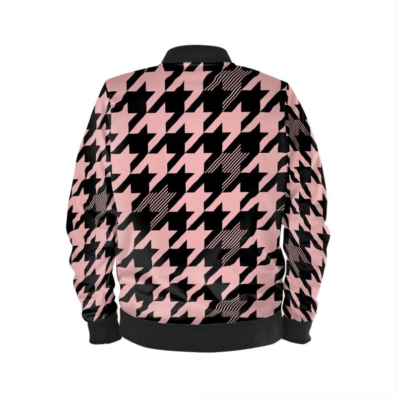Ladies Bomber Jacket Pink Noir Houndstooth Women's Bomber Jacket