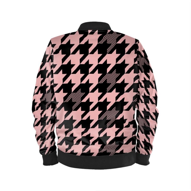 Ladies Bomber Jacket Pink Noir Houndstooth Women's Bomber Jacket
