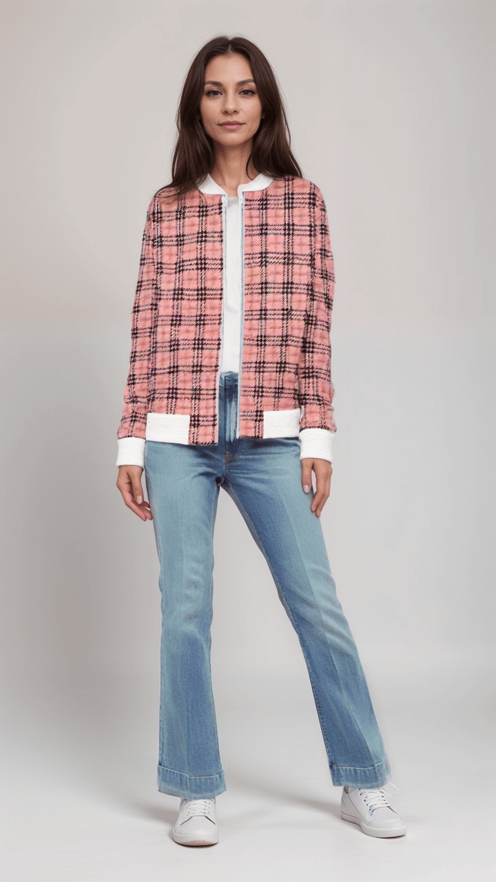 Ladies Bomber Jacket Vintage Blush Plaid Marble Velvet Womens Bomber Jacket