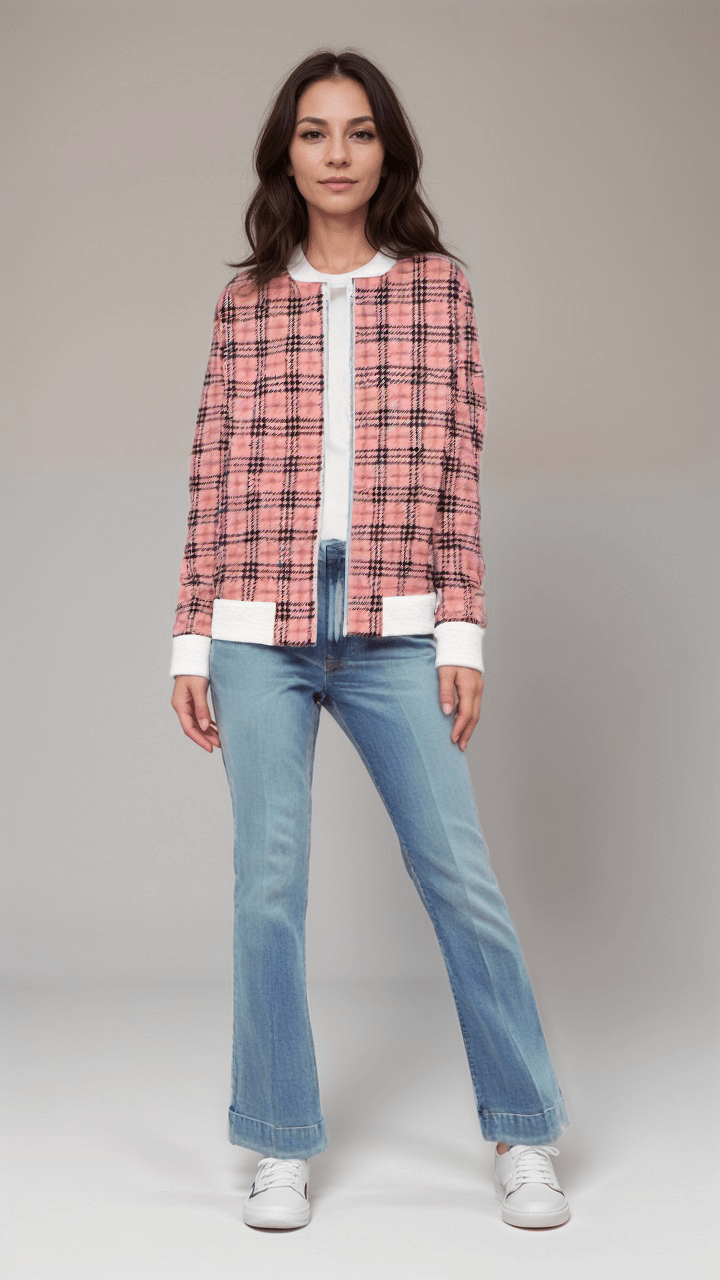 Ladies Bomber Jacket Vintage Blush Plaid Marble Velvet Womens Bomber Jacket